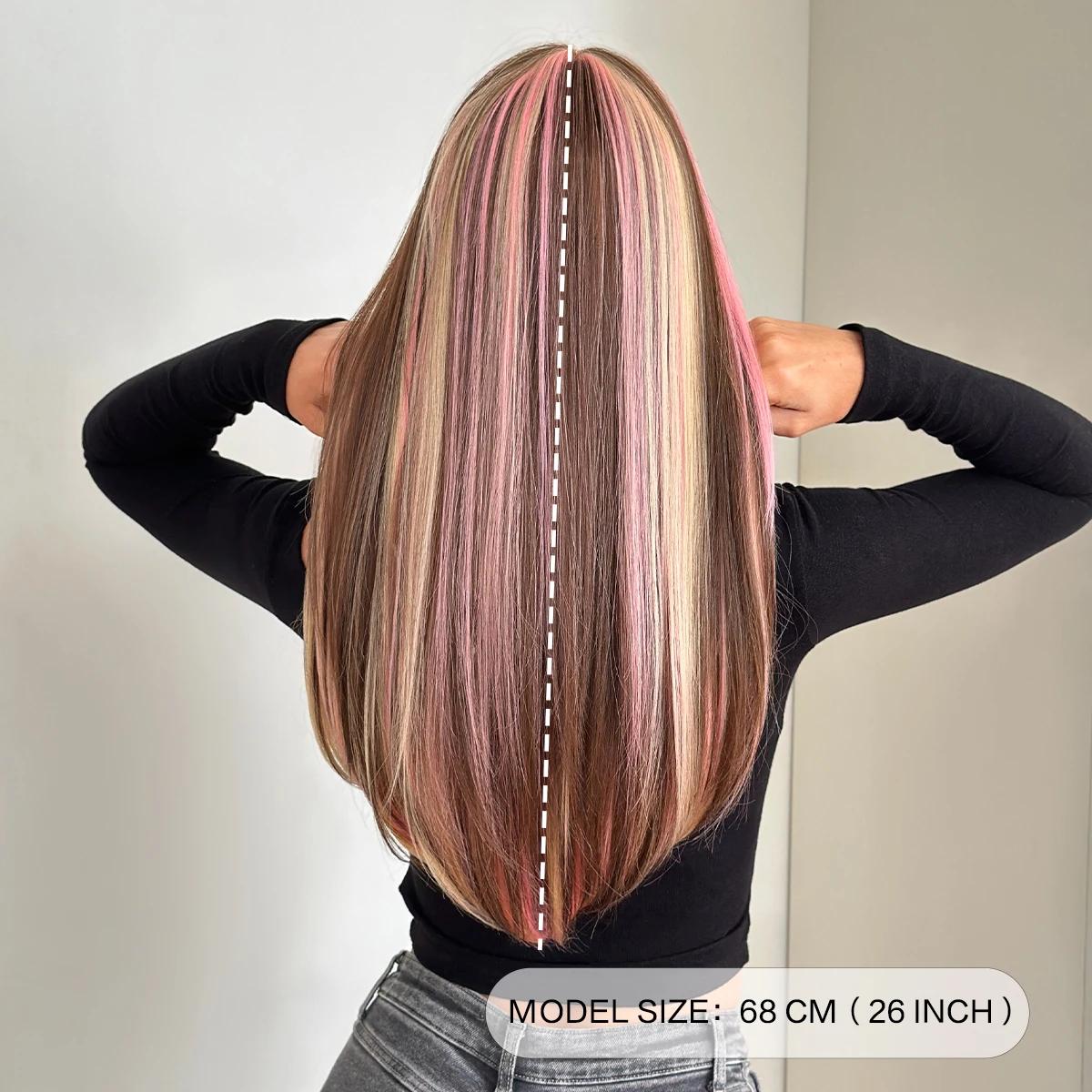 Perruque 7JHH longue et droite, marron avec mèches roses, pour femmes, synthétique, style modeste, p