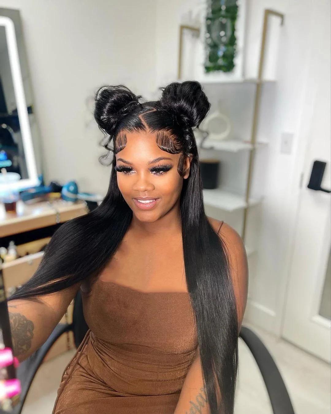 Perruque Lace Front Wig sans colle lisse Sophia, cheveux humains, pre-plucked, transparent HD, pre-p