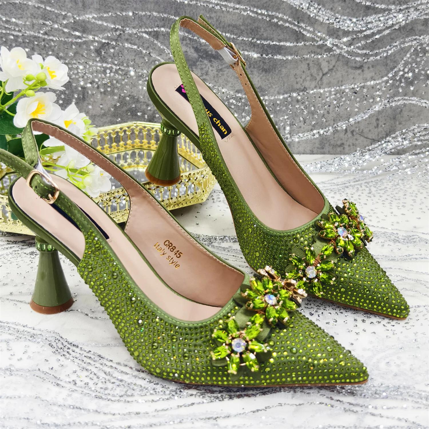 Venus Chan-Sac à main pointu vert olive pour femme, chaussures et sacs à talons hauts, soirée biscui