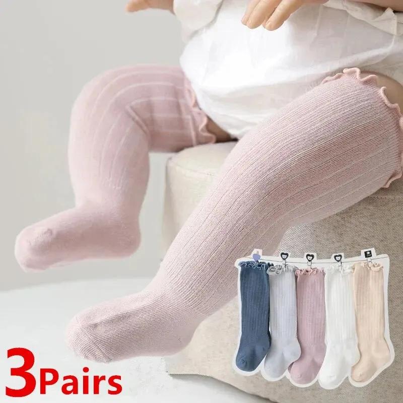 3 paires/lot bébé filles chaussettes dentelle froufrous solide coton longue genou haute enfants chau