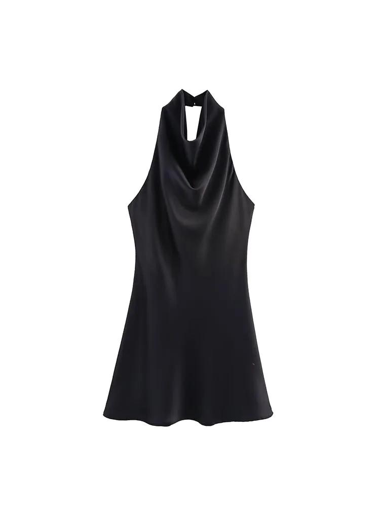 Robe Courte Halter Élégante en Satin pour Femme – Collection Été 2026 – Sexy, Dos Nu, Couleur Unie –