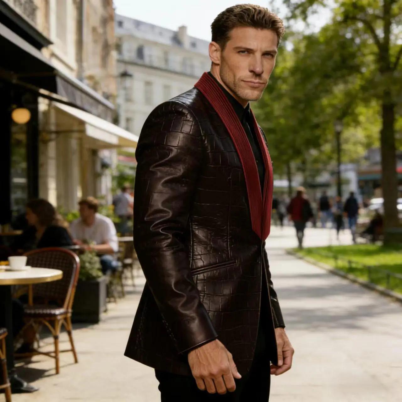 Blazer en cuir à motif crocodile pour homme, patchwork en velours côtelé, 1 bouton, col châle, veste