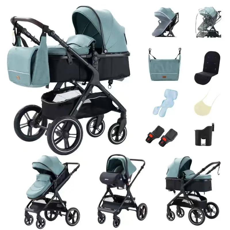 Poussette multifonction 3 en 1 pour bébé avec landau pliable compact, poussette légère, siège auto e