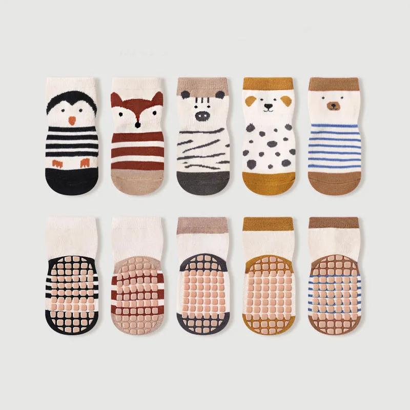 5 paires de chaussettes antidérapantes pour enfants, motif de dessin animé mignon, chaussettes de so