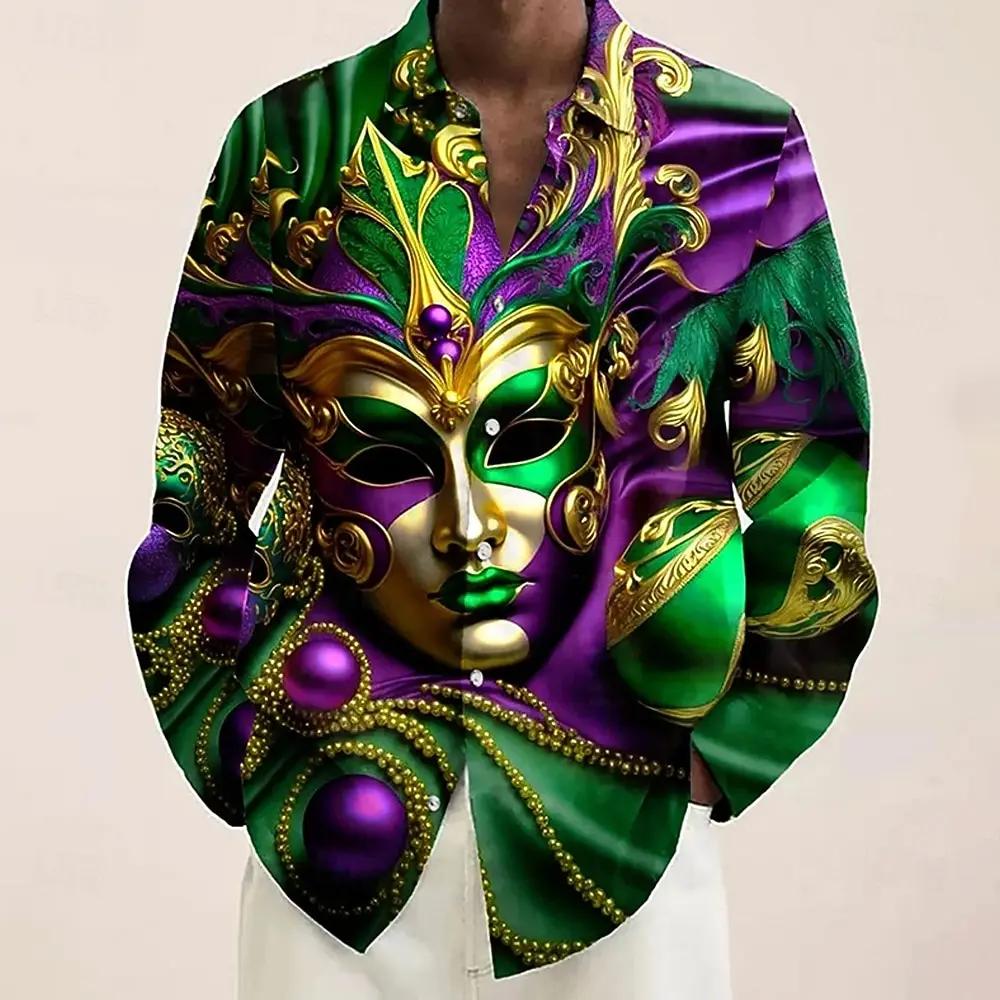 Mardi Gras hommes masque carnaval perles chemise boutonnée chemise à manches longues mode décontract