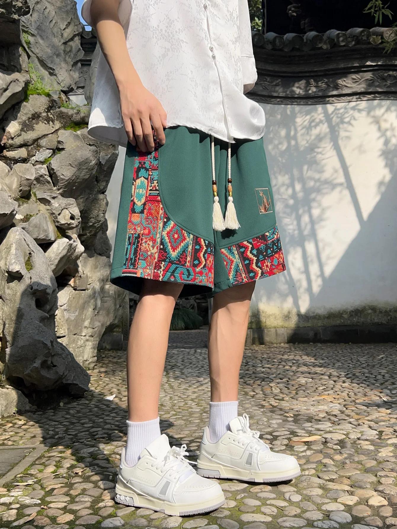 Short à motif ethnique brodé pour hommes avec poches, short d'été décontracté à cordon de serrage, a