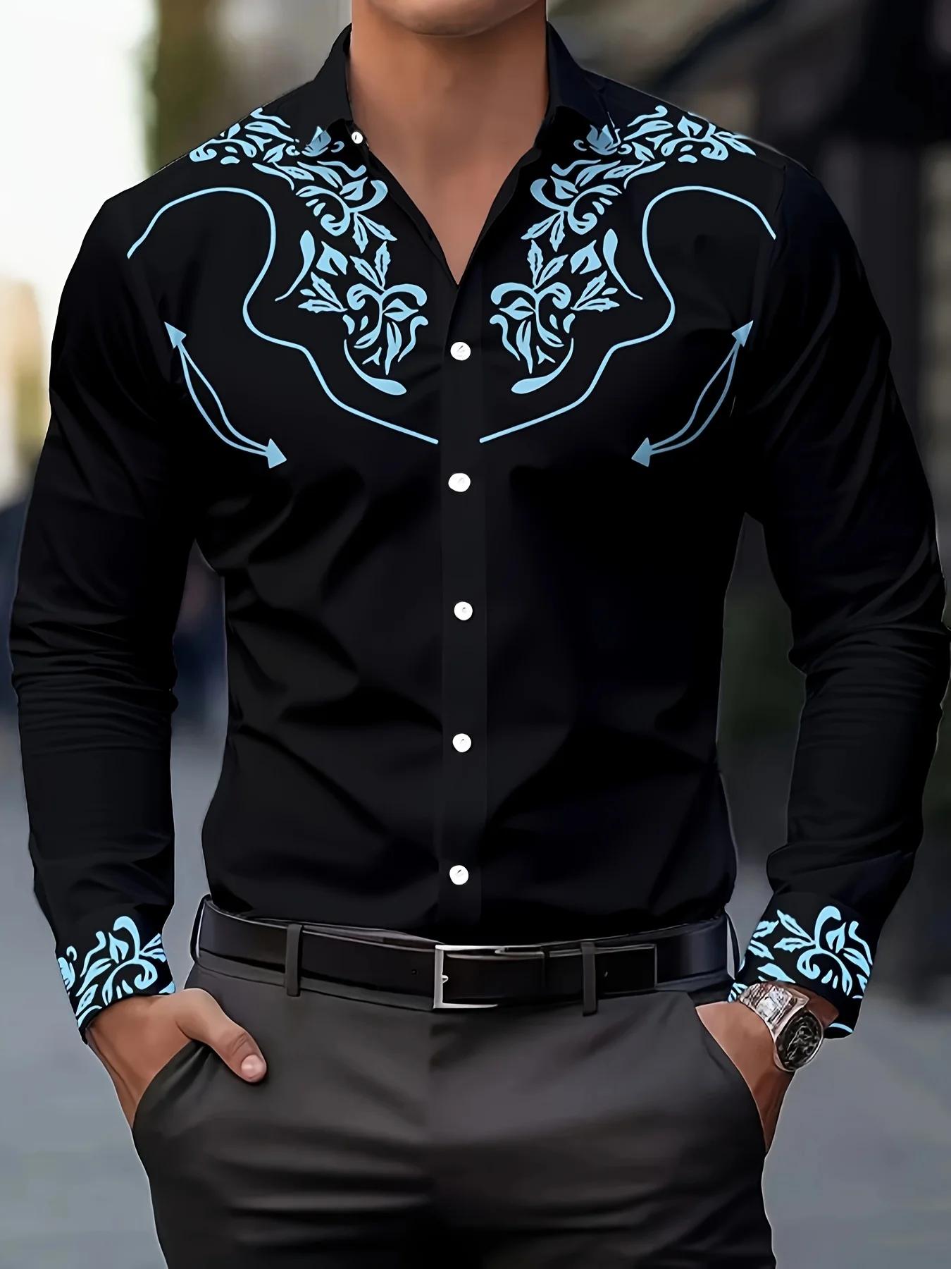 Chemise élégante à manches longues pour hommes, respirante et décontractée, boutonnée, vintage, prin