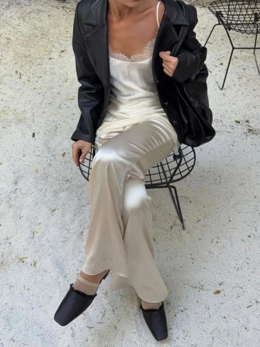 Nouveau pantalon large en satin de soie pour femme, taille basse, style baggy Y2K, pour les fêtes, l