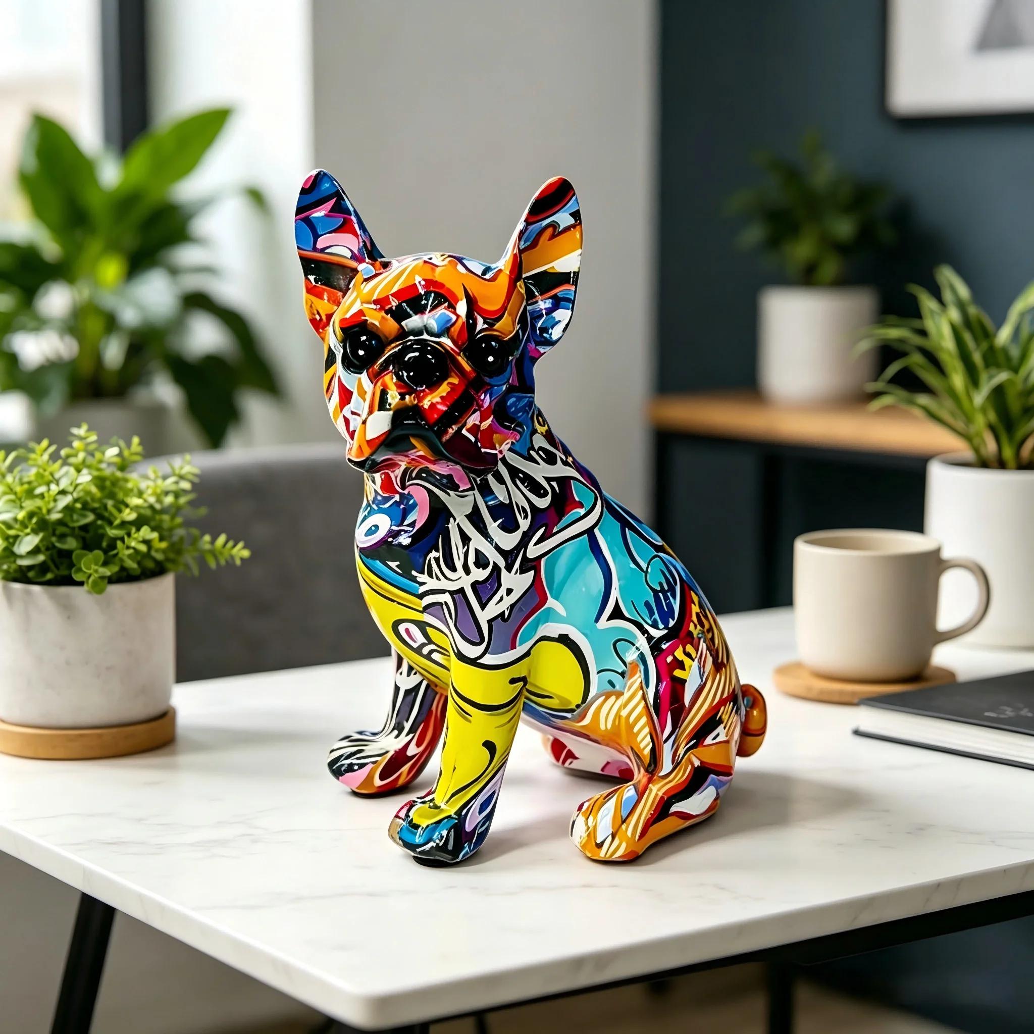 Décoration de statue en résine de bouledogue français debout coloré, artisanat de graffitis de brico
