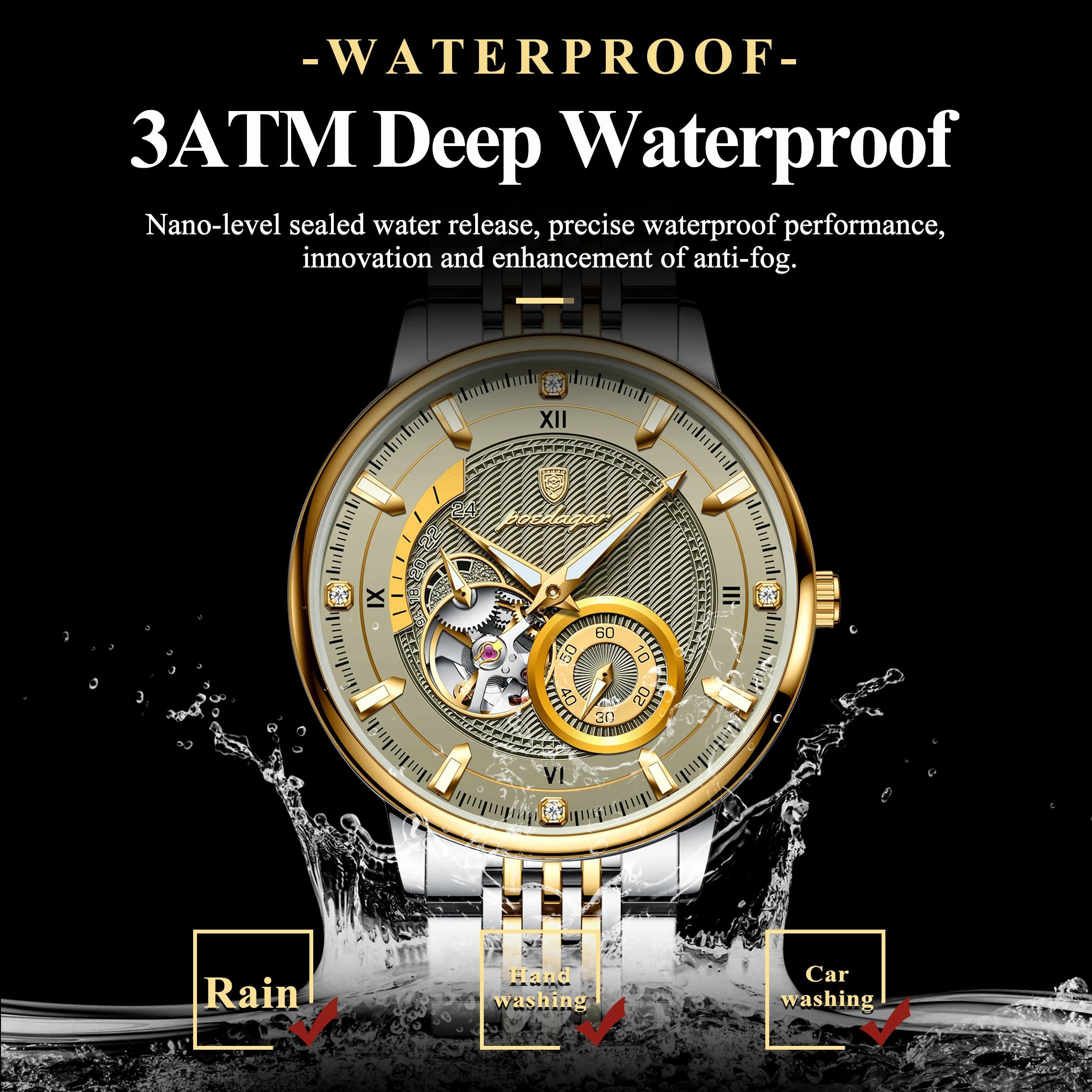 POEDAGAR haut de gamme homme montre-bracelet lumineux creux Tourbillon en acier inoxydable hommes ho
