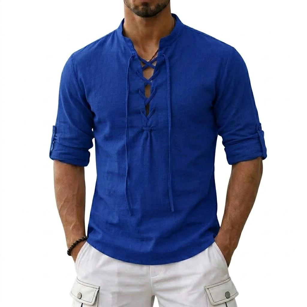 T-shirts en lin à manches longues pour hommes, style médiéval vintage viking, chemises en coton pour