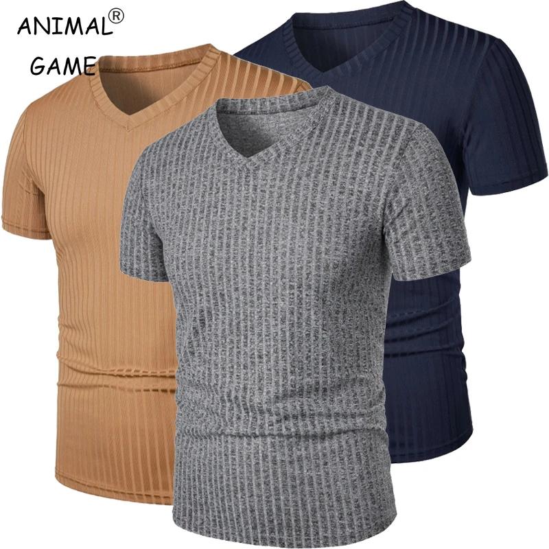 T-shirts musculaires à manches courtes pour hommes, col en V extensible, musculation, Streetwear lég