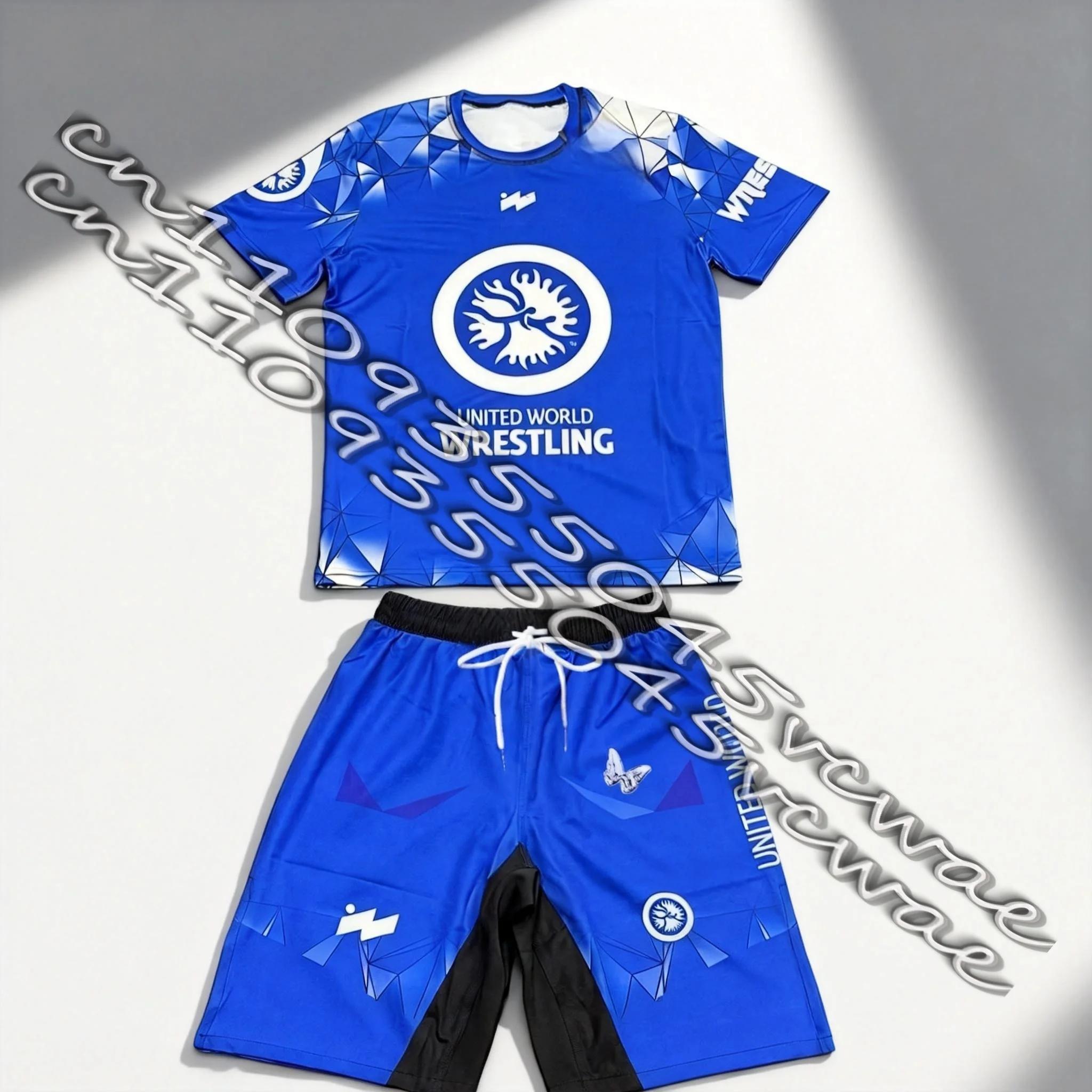 Nouvel ensemble sportif de lutte mondiale United World Wrestling pour hommes, rashguard et short gra