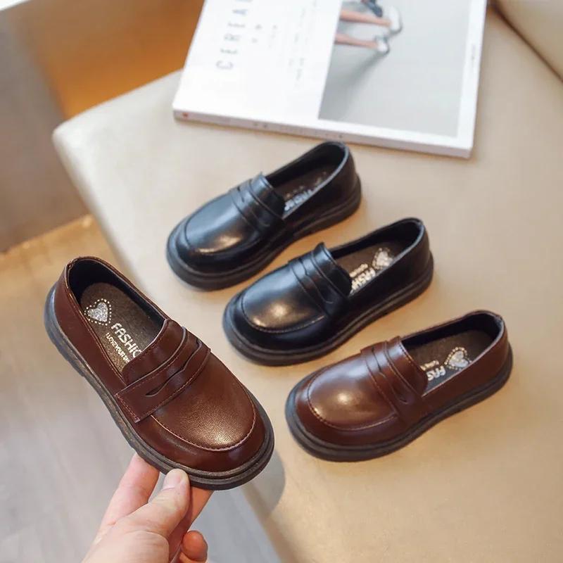 Chaussures en cuir pour enfants de Style britannique pour garçons, mocassins souples rétro noirs pou