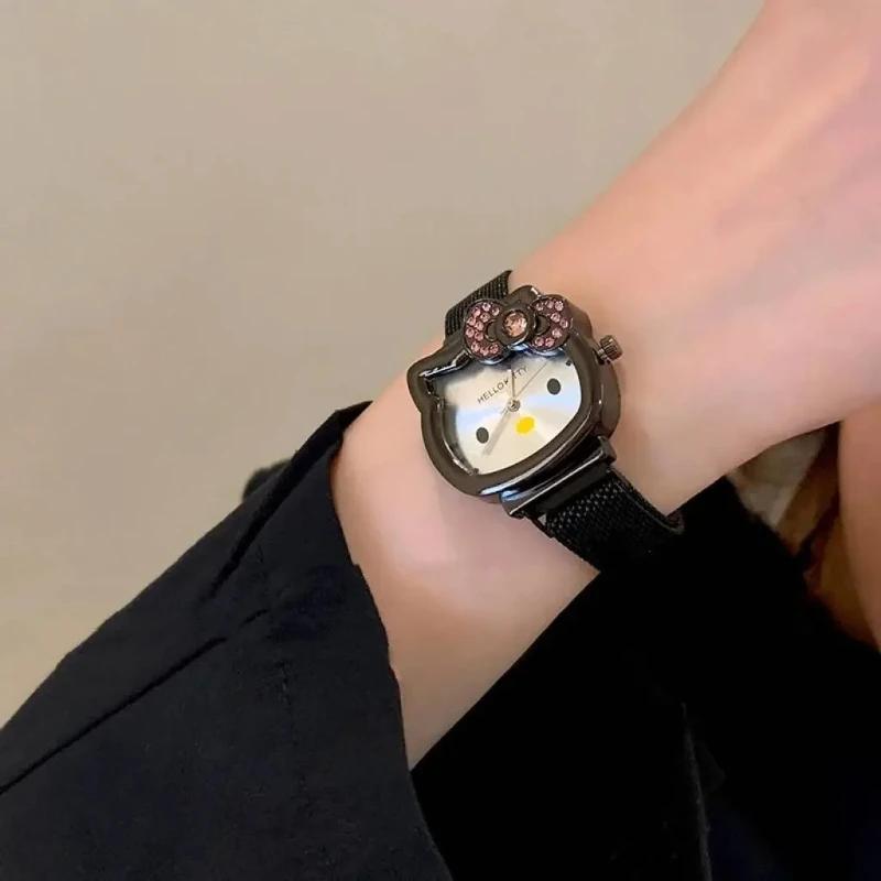 Montre à quartz tendance Sanrio Anime Hello Kitty avec nœud, montre à quartz avec petit cadran magné