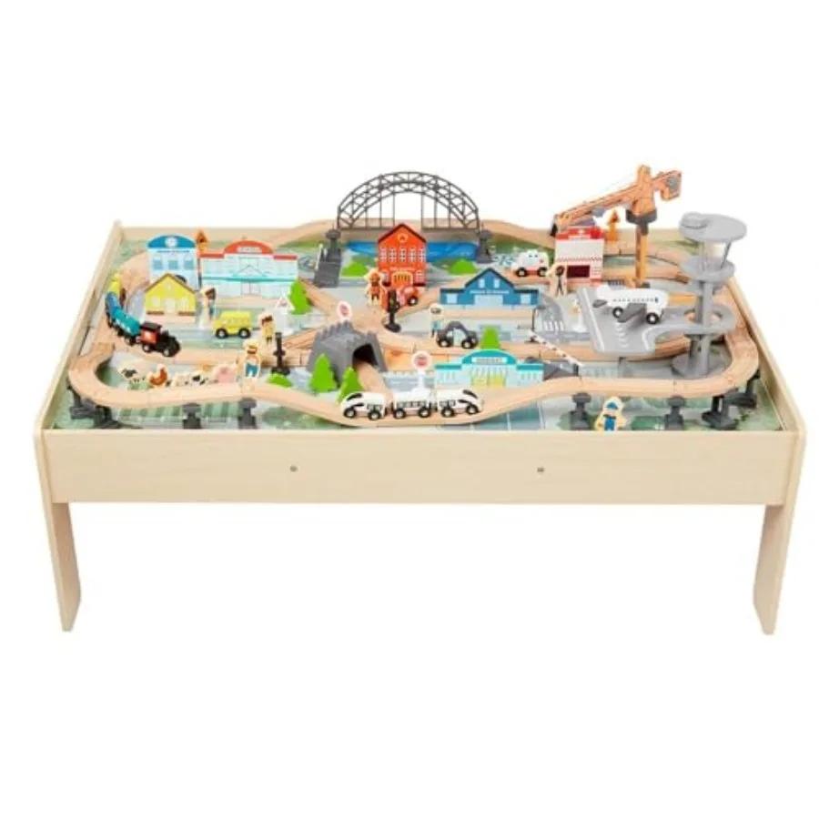 Amazon Basics Ensemble de train en bois de 120 pièces avec table d'activité Pistes robustes Poubelle