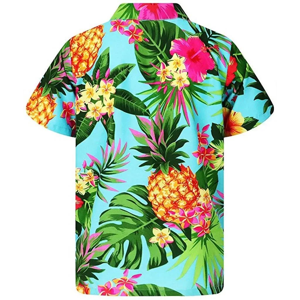 Funky femmes chemise hawaïenne poche frontale feuilles fleurs ananas imprimé femmes hauts et chemisi