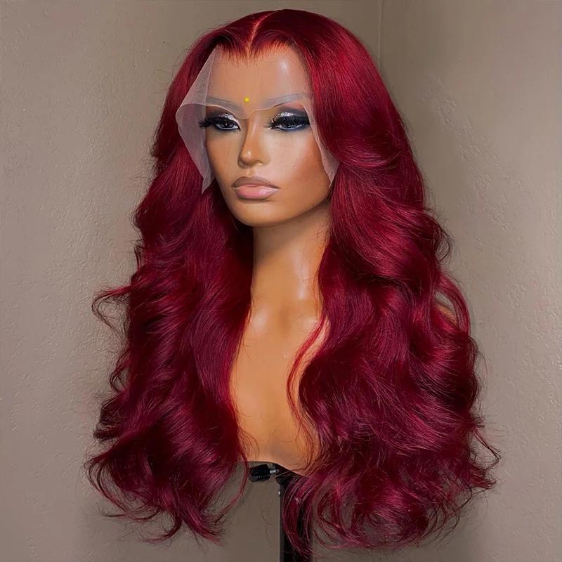 99J bordeaux dentelle avant perruque de cheveux humains vague de corps rouge couleur perruques brési