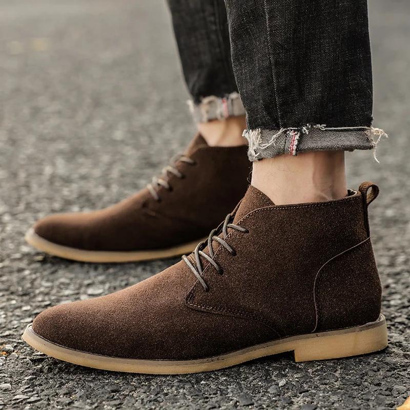 Tendance kaki bottines hommes bout pointu hommes Chelsea bottes haut en daim cuir chaussures pour ho