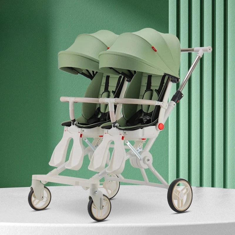 Poussette double réversible Cadre 4WD en acier au carbone avec auvent UV, landau pliable à une m