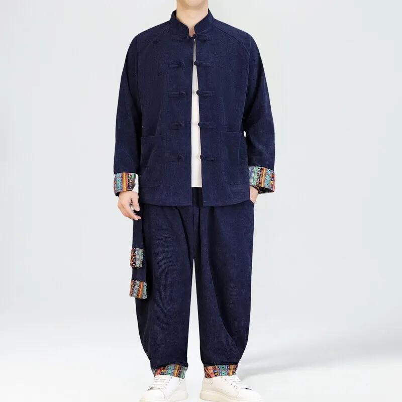 2025 hommes Style chinois rétro Tang costume hommes Patchwork velours côtelé ensemble imprimé Hanfu
