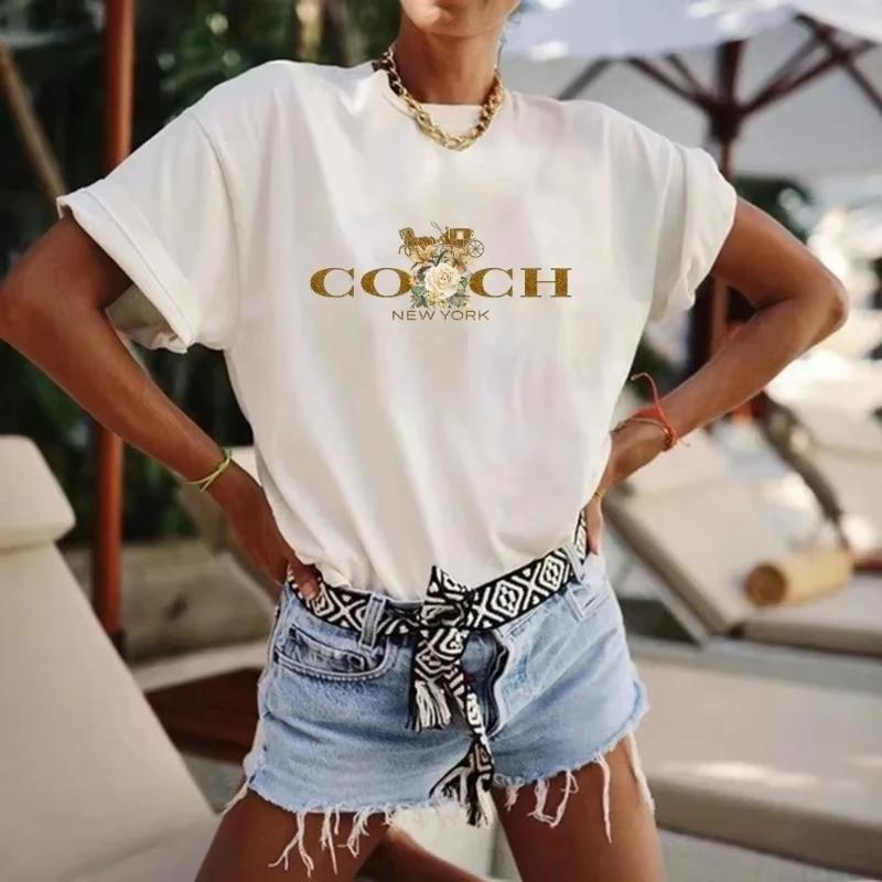 Printemps/été 2026 T-shirt femme de luxe imprimé haut col rond motif manches courtes Hip Hop T-shirt