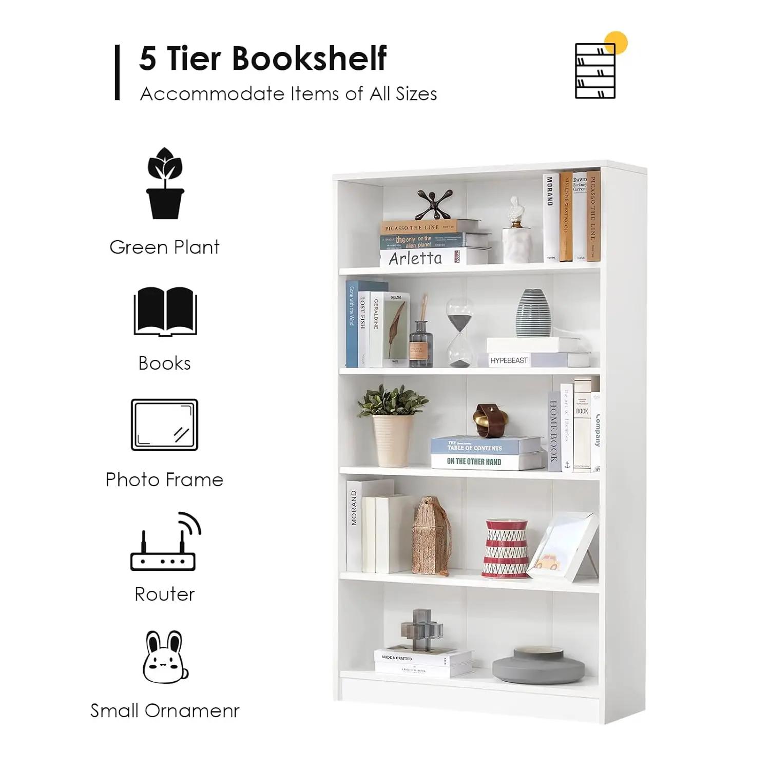 Étagère blanche pour chambre à coucher, bibliothèque de bureau à 5 étagères, 60 pouces de hauteur, b