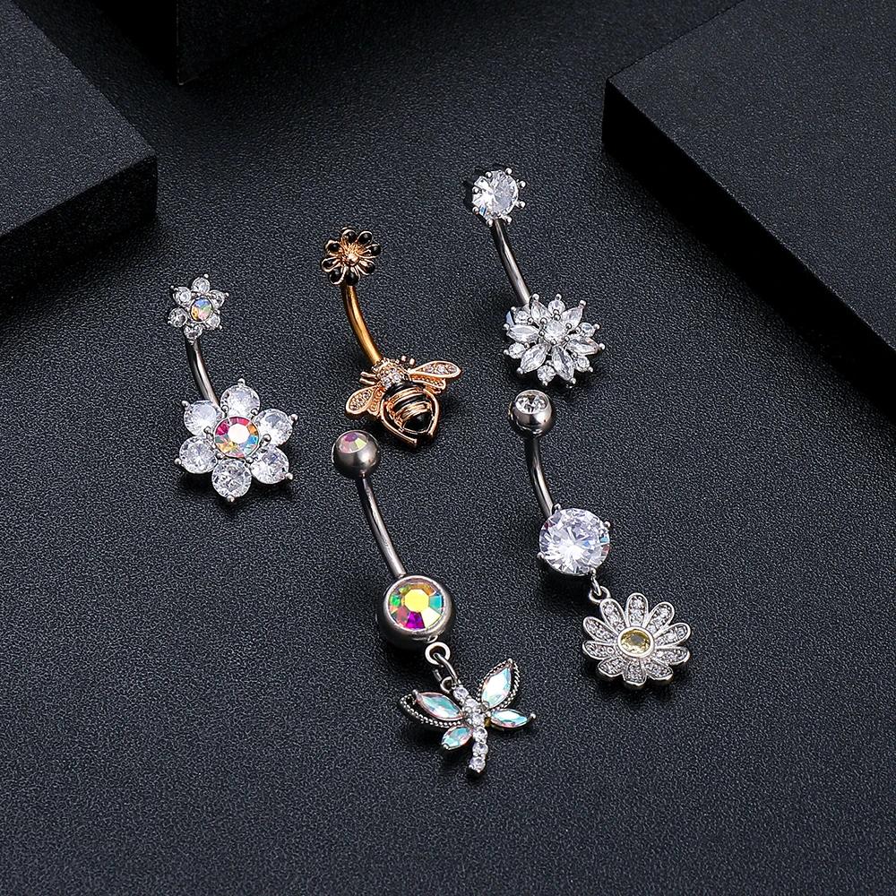 6 pièces longue fleur suspendue papillon abeille Nombril anneau ensembles couleur or corps Nombril P