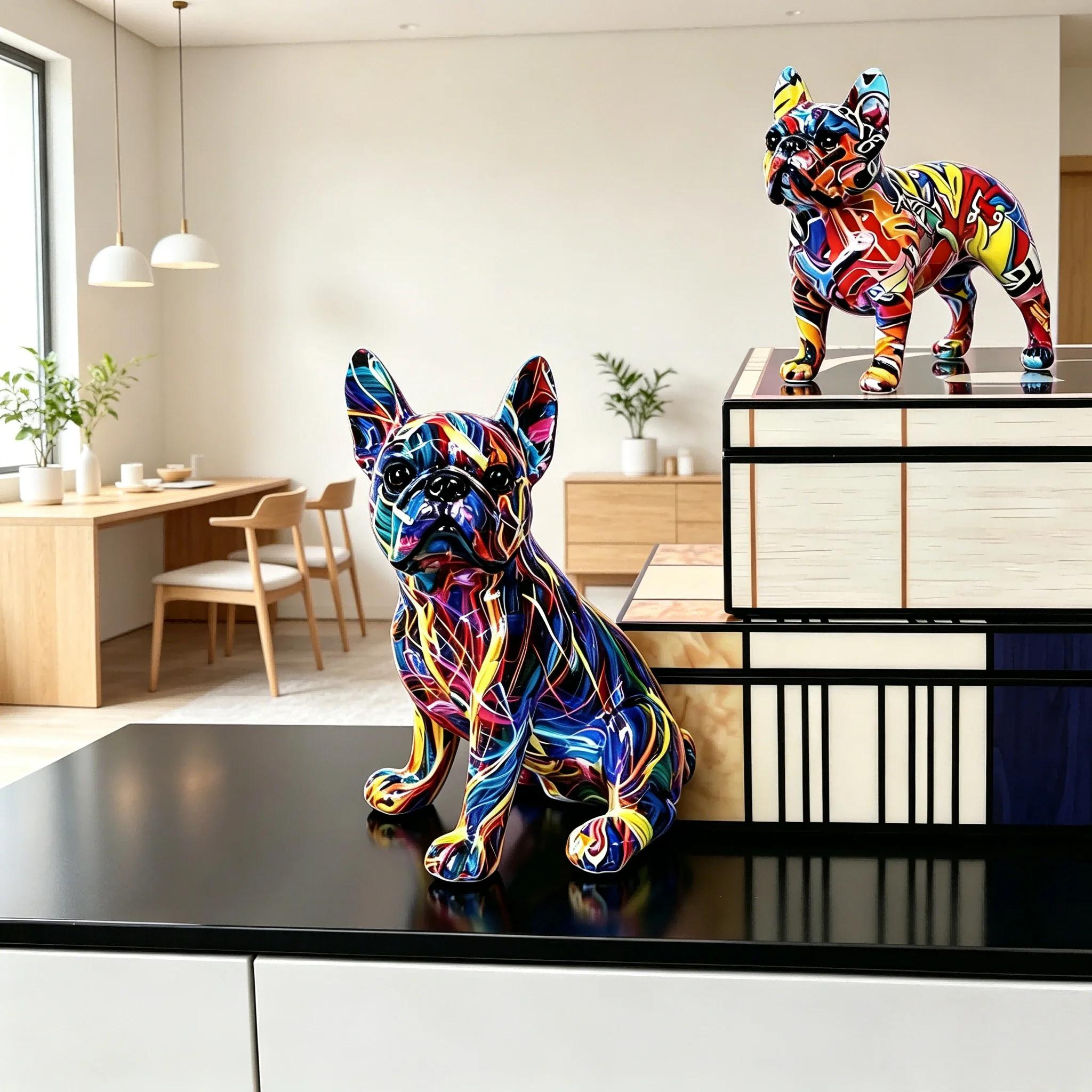 Décoration de statue en résine de bouledogue français debout coloré, artisanat de graffitis de brico