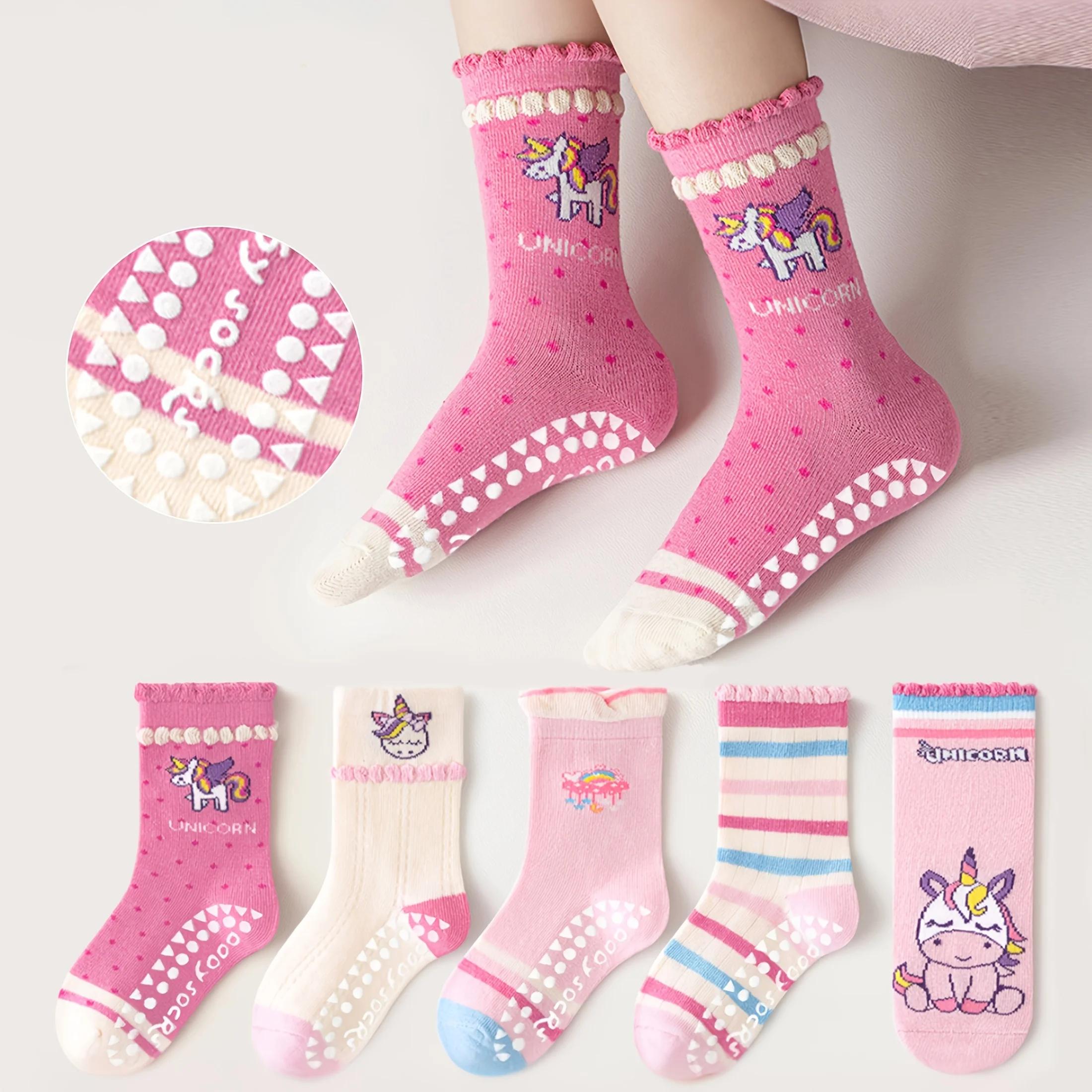 Lot de 5 chaussettes à pois pour enfants avec motif licorne arc-en-ciel et bordure en dentelle, adap