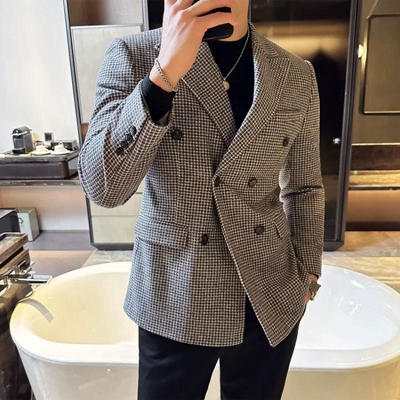 Blazer pied-de-poule pour hommes, Style britannique, Double boutonnage, coupe cintrée, veste de cost