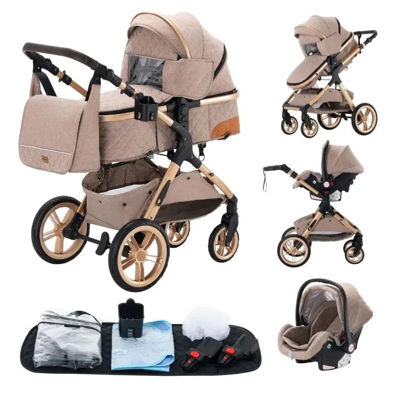 Poussette 3-en-1 avec siège auto et nacelle, poussette légère pour nourrissons, poussette multifonct