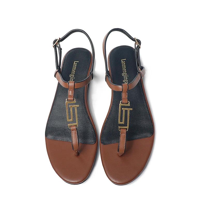 2024 mode femmes sandales d'été en cuir véritable métal décoratif semelle plate dentelle strucOpen P