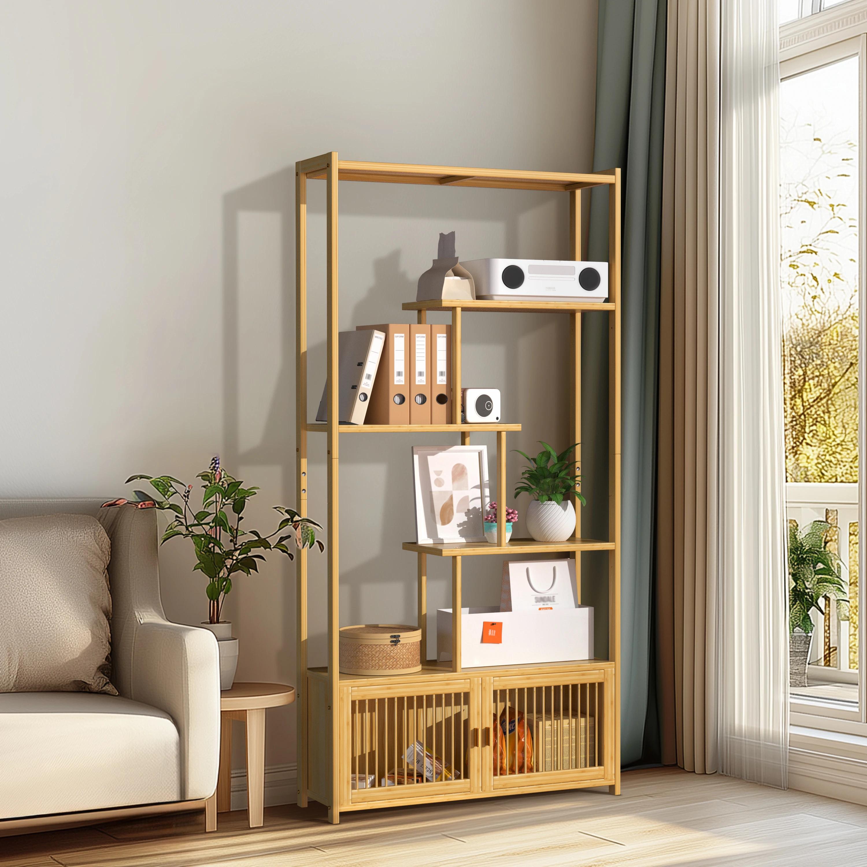 Unité de rangement en bambou T1 avec étagères hautes et basses, étagère, support de plante pour l'or