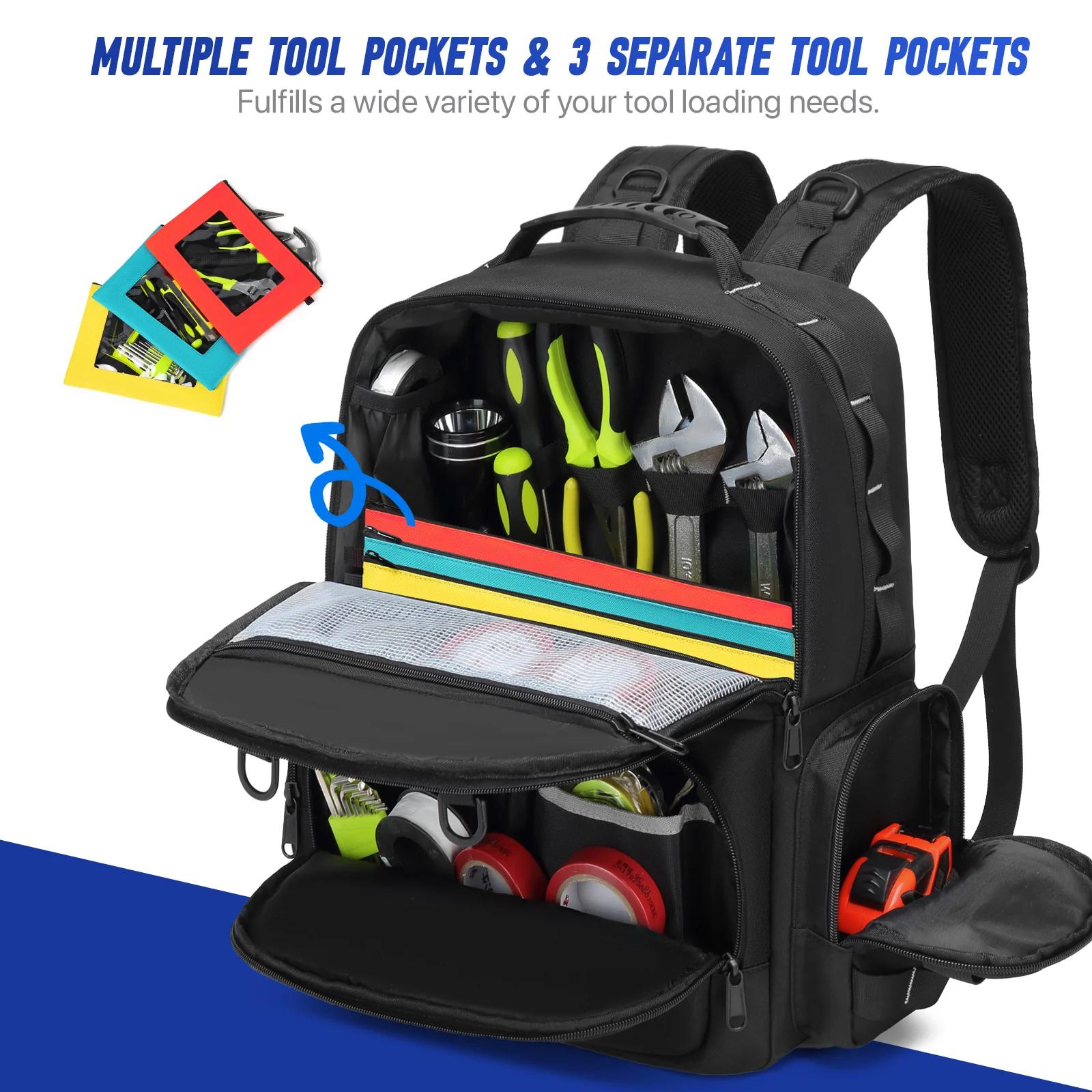 Sac à dos à outils robuste pour hommes, rangement d'outils avec 3 pochettes à outils, organisateur d