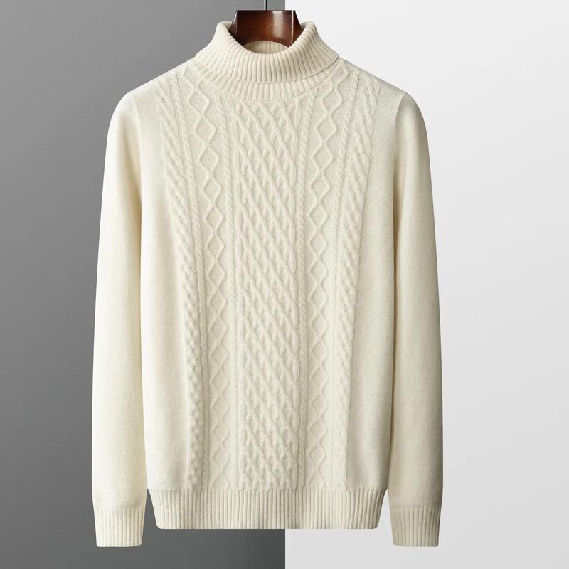 Nouveau automne et hiver 100% laine mérinos hommes col haut double brin épais jacquard pull pull tri