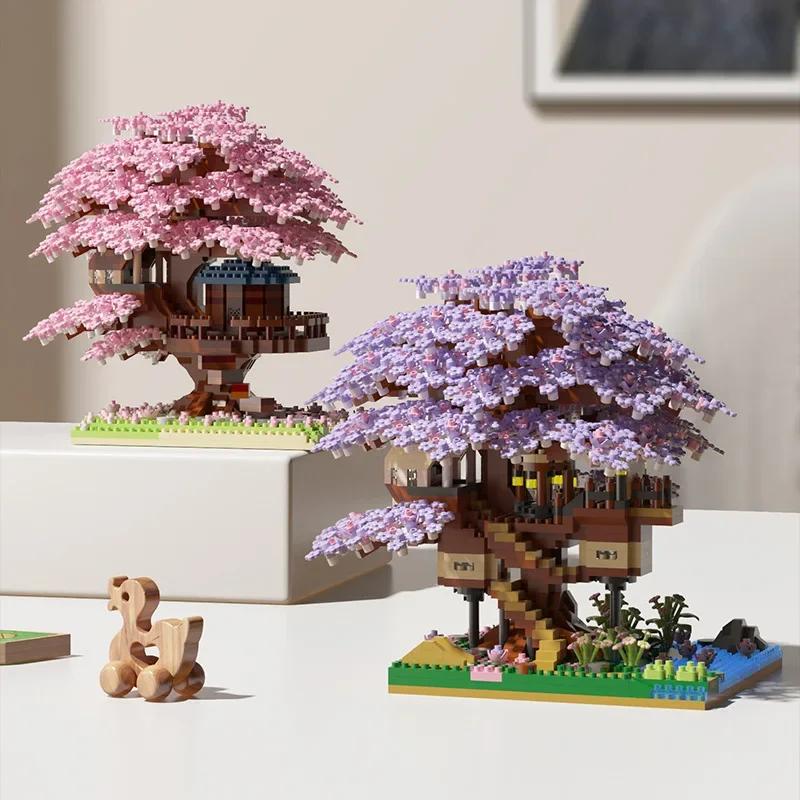 Ensemble de blocs de construction d'arbre de cerisier DIY, briques de cerisier en fleurs avec lumièr