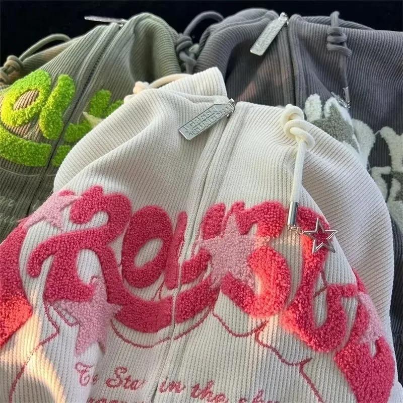 Sweat-shirt à capuche brodé avec fermeture éclair pour femme, haut à manches longues, ample, chemise