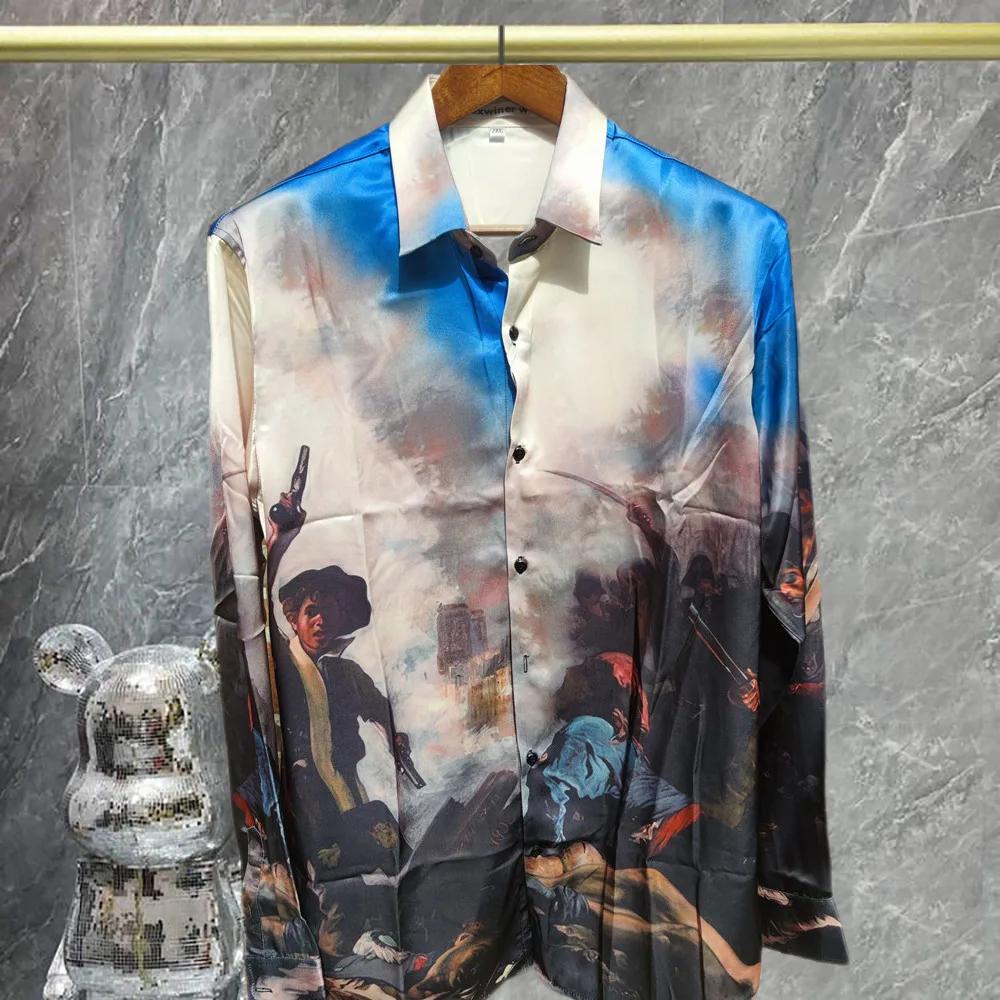 Dégradé Art abstrait imprimé manches longues haut Streetwear Chemise sociale Hip Hop Chemise hawaïen