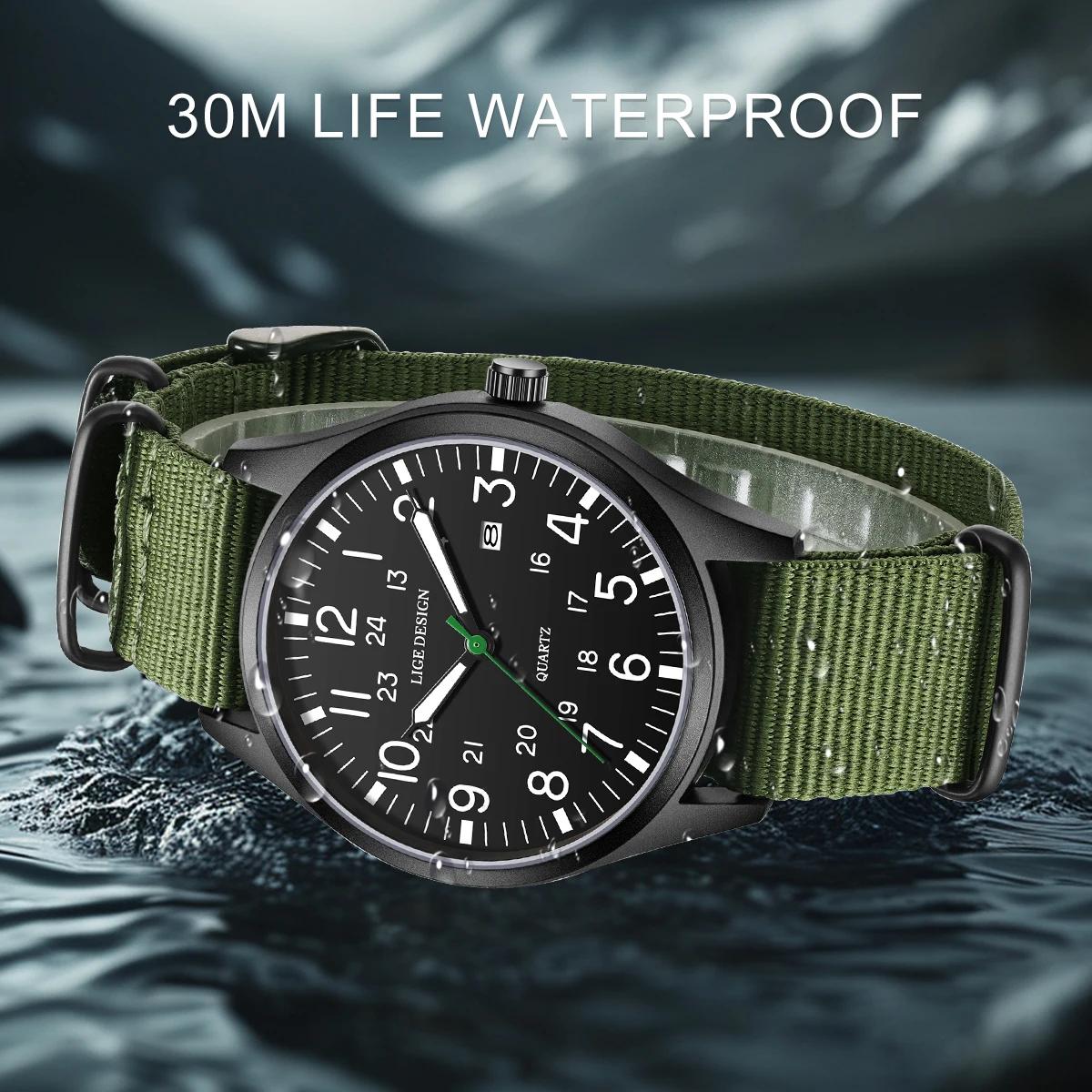 LIGE Top marque de luxe hommes montre à Quartz Date Nylon cuir étanche lumineux militaire sport mont