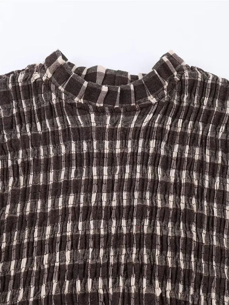 Nlzgmsj 2025 Vintage Chic marron chemises à carreaux femmes à manches longues Blouses pli mode décon