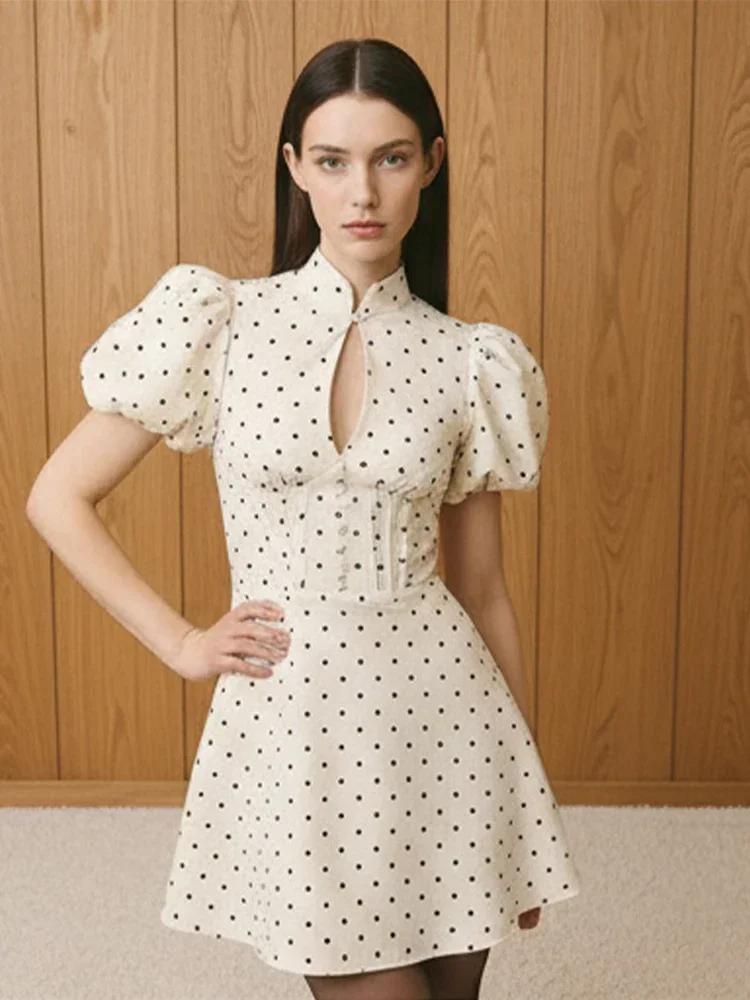 Robe Courte Rétro à Pois Coupe Trapèze pour Femme, Élégante, Col Montant, Manches Courtes Bouffantes