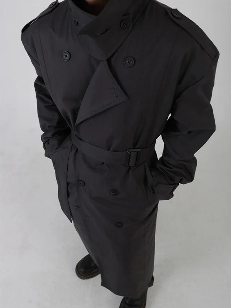 Mauroicardi-Manteau long noir pour homme, ceinture double boutonnage, décontracté, coupe-vent, print