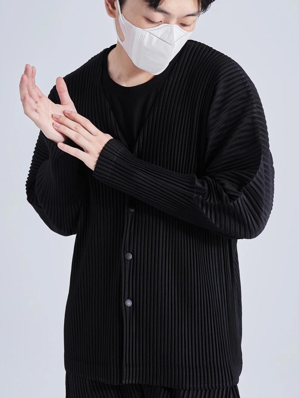 Ata Yake-Veste plissée à col en V pour homme, manteau sans col, simple boutonnage, manches longues,