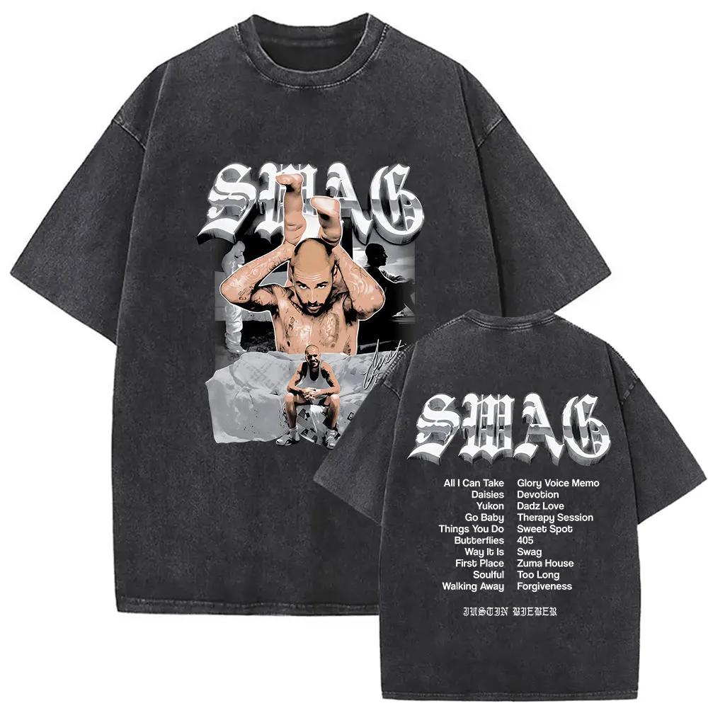 Vintage Justin Bieber SWAG Album 2025 lavé t-shirts hommes femmes col rond haute qualité mode T-shir