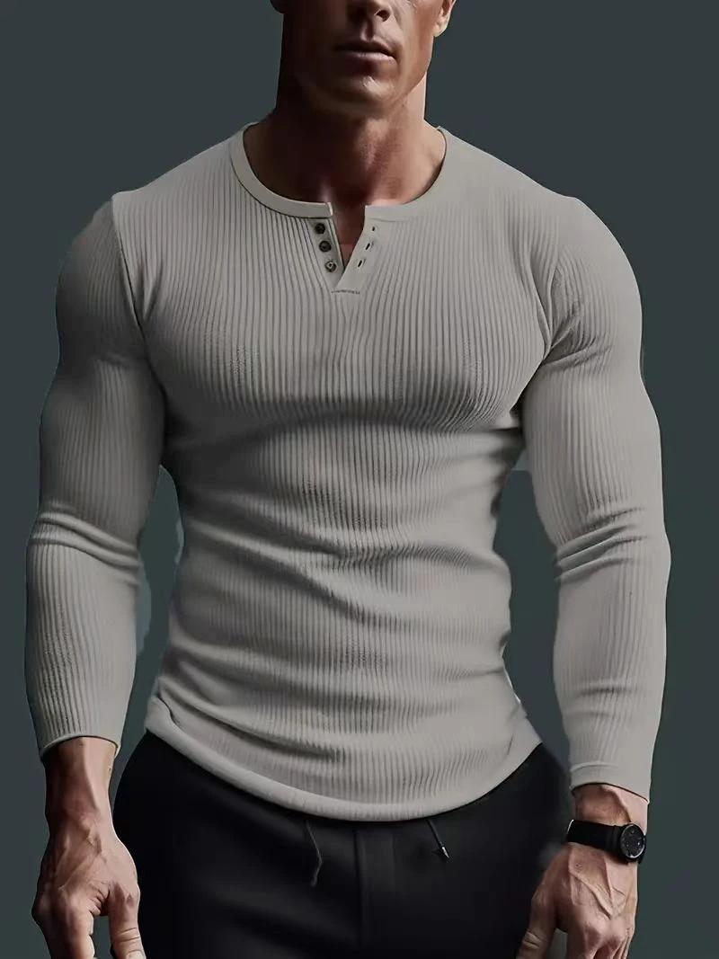 Automne hommes sans col boutonnage Henry petit haut Fitness haute Stretch Base chemise couleur unie