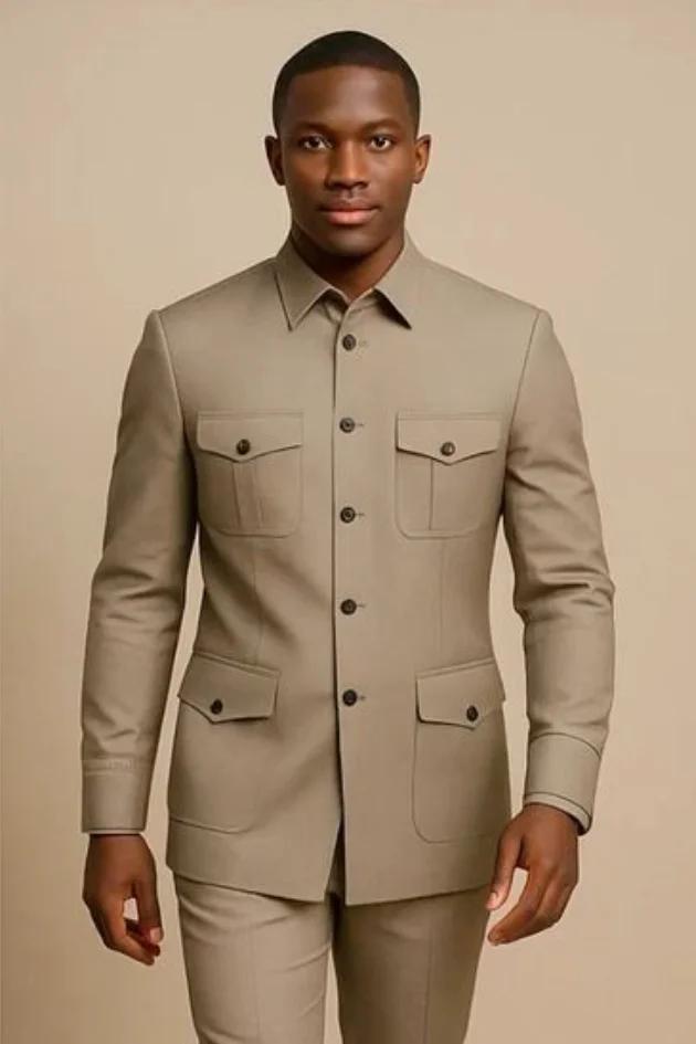 Costumes décontractés pour hommes Safari avec poches, col montant, style de mode chinois, coupe ajus