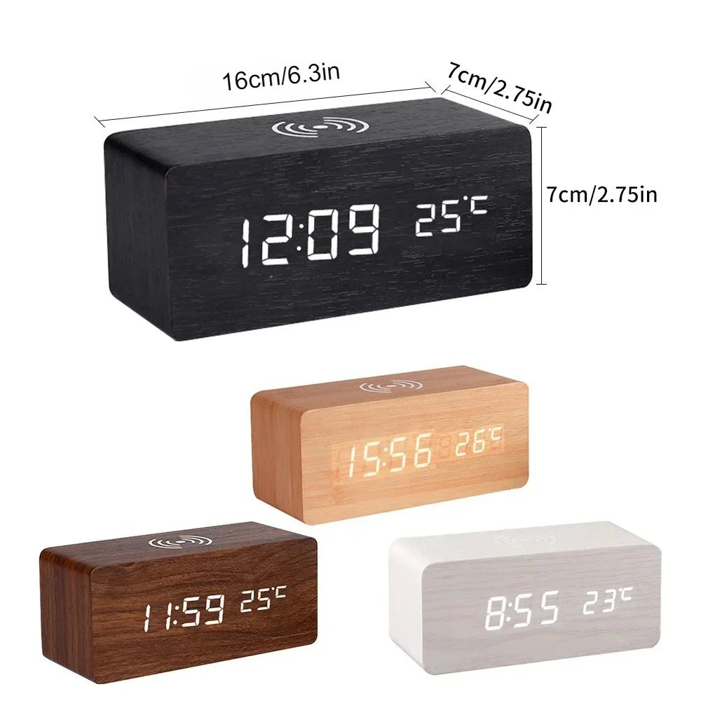 Réveil de bureau numérique LED en bois moderne, chargeur sans fil Therye.com avec chargeur sans fil