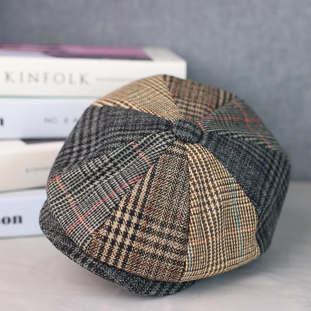 Chapeaux de journal en laine pour hommes et femmes, casquette octogonale Vintage à chevrons, bérets