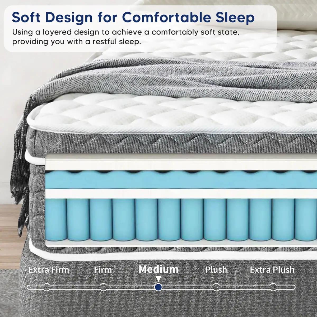 Matelas hybride Queen Size 10/12/14 pouces, fermeté moyenne, sans fibre de verre et certifié OEKO-TE